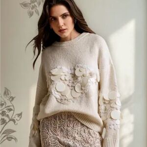 New! Anewsta Elegant Cream Crew Neck Sweater with White Sequins, XL